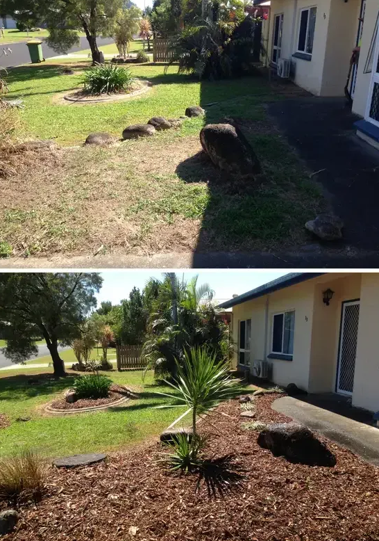 Before and After of a Grassy Area With Rocks Transformed With Mulch and Plants — Mow & Mulch Lawn & Garden Maintenance In White Rock, QLD