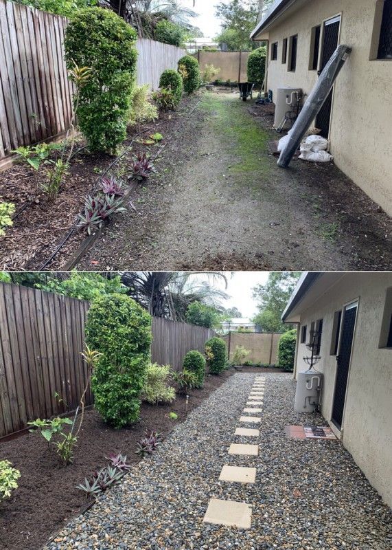 Before-and-after of a Narrow Backyard Path With Gravel, Stepping Stones, and Plants — Mow & Mulch Lawn & Garden Maintenance In White Rock, QLD