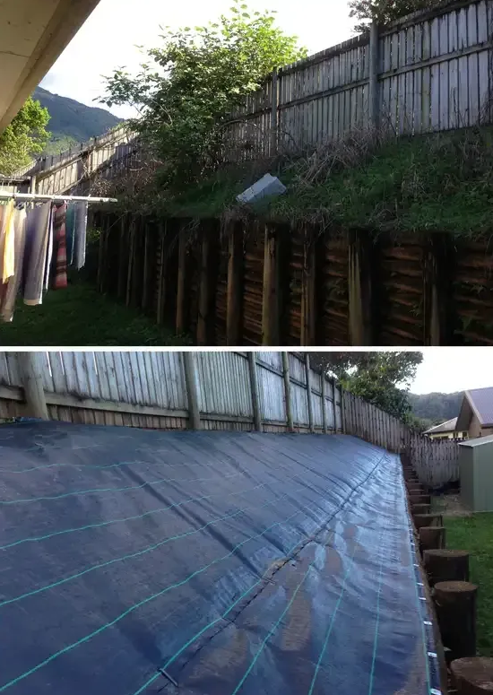 Backyard Fence With Retaining Wall and Laundry on Clothesline and a Covered Fence With Black Weed Mat — Mow & Mulch Lawn & Garden Maintenance In White Rock, QLD