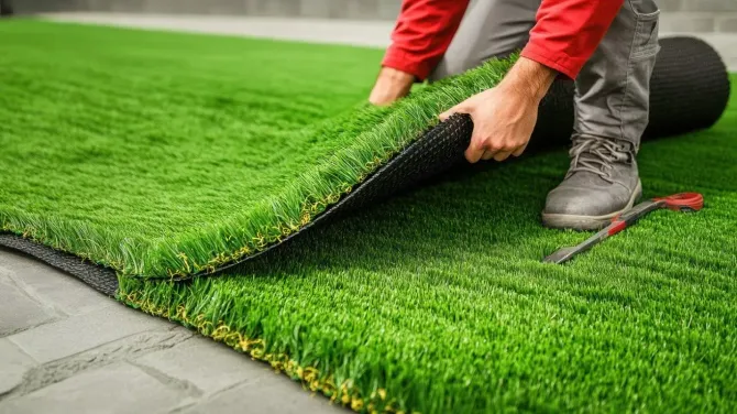 Close-up of professional artificial turf laying and cutting.