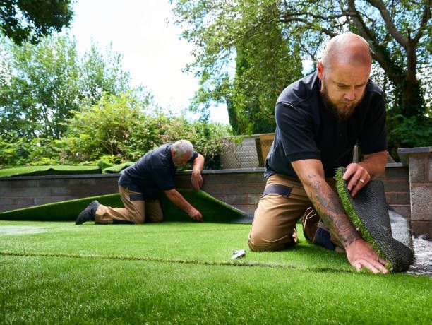 Professional team installing artificial grass in a garden.