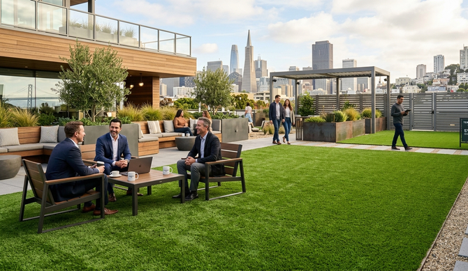 Business meeting on a modern rooftop with artificial turf