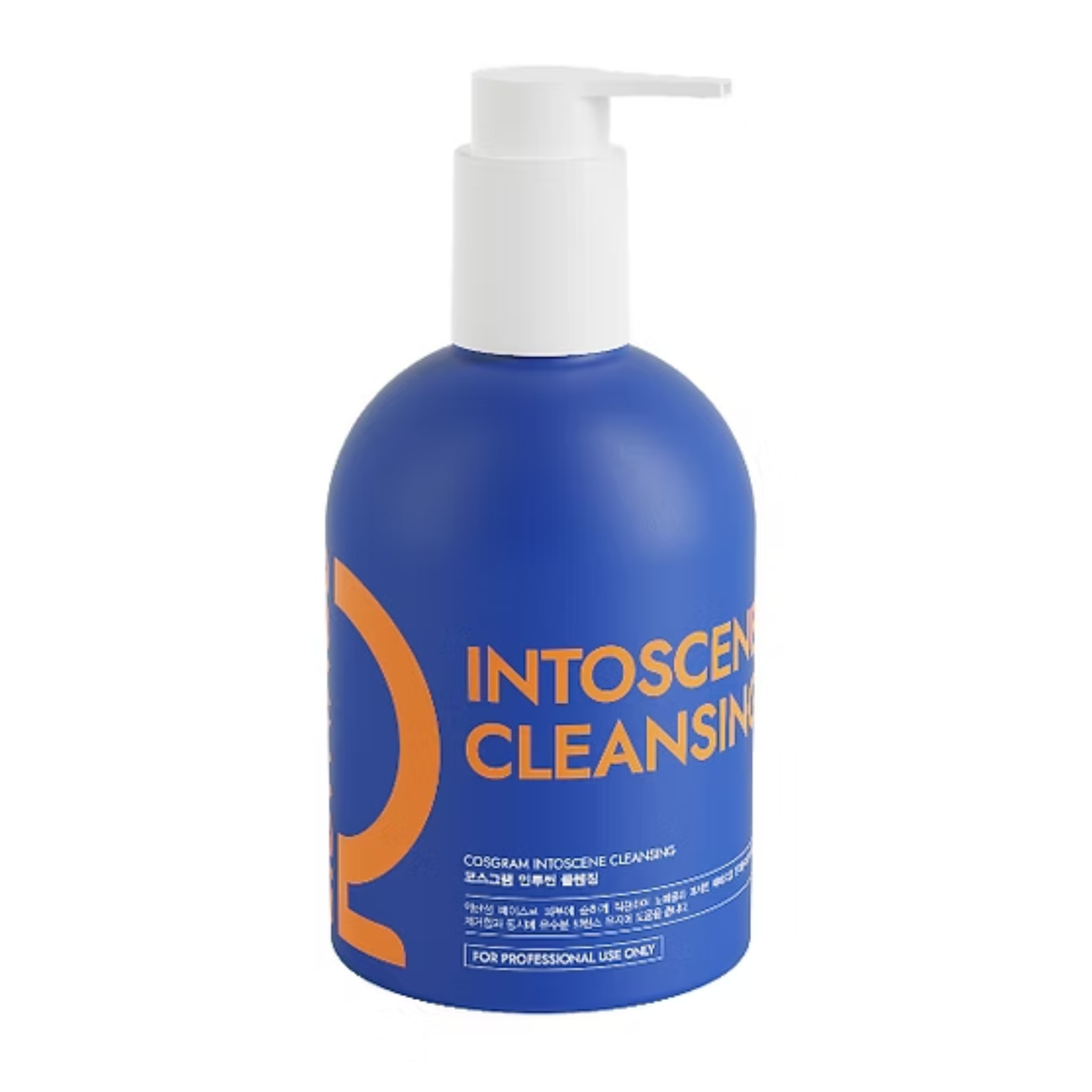 Blue bottle of Intoscen cleansing product with a white pump, orange text.