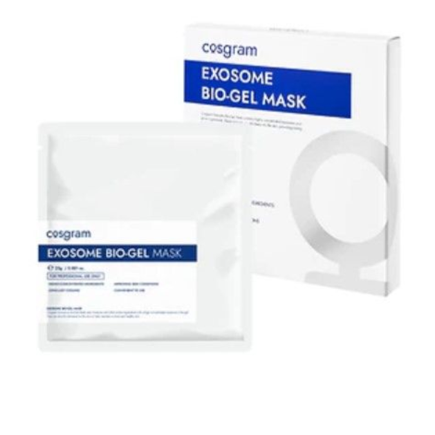 Cosgram Exosome Bio-Gel Mask product packaging, white with blue text. Single mask sachet in front of box.