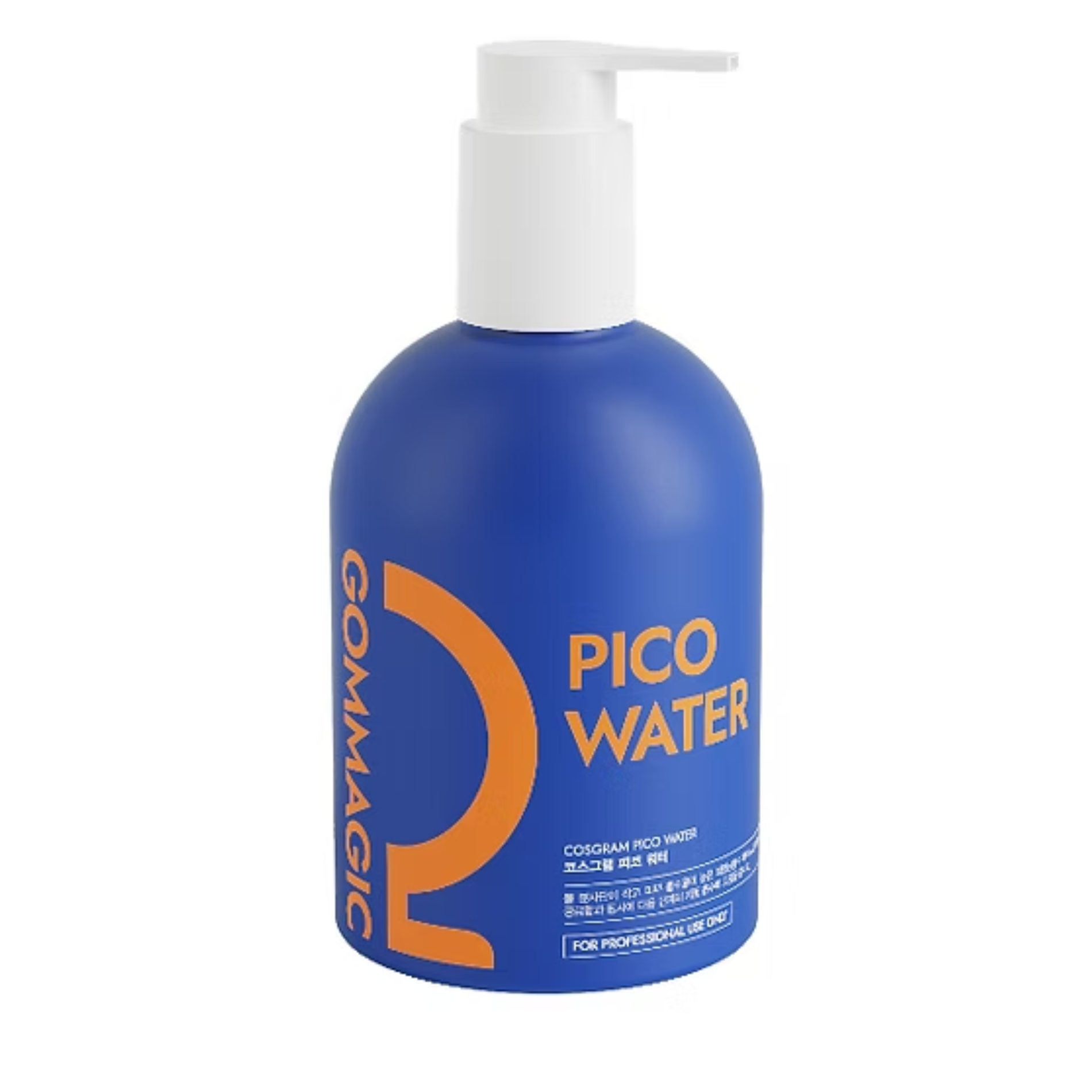 Blue bottle of Pico Water with a white pump, orange text, and text in white.
