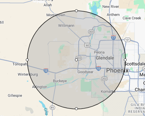 Map showing a circular area centered around Phoenix, Arizona, including surrounding cities and highways. Map showing a circular area centered around Phoenix, Arizona, including surrounding cities and highways.