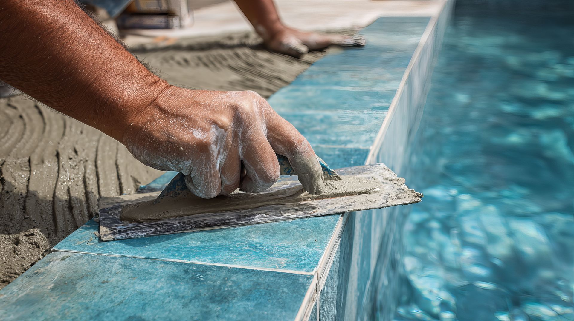 Cement grout applied to blue ceramic tiles, highlighting the precision of a swimming pool builder.