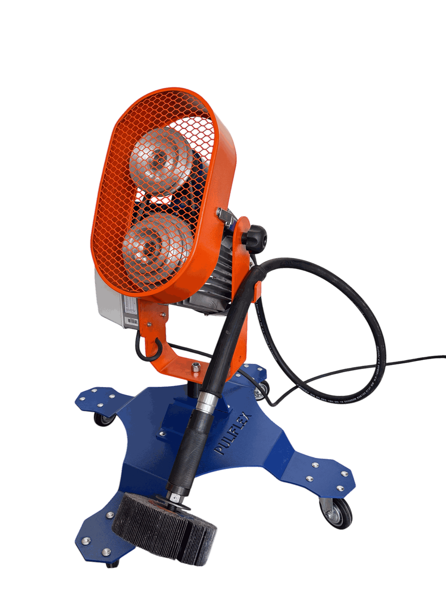 Una máquina de cepillos rotativos eléctrica montada sobre soporte con una base azul, un cuerpo naranja y plateado y un eje flexible negro que termina en un cepillo de alambre.