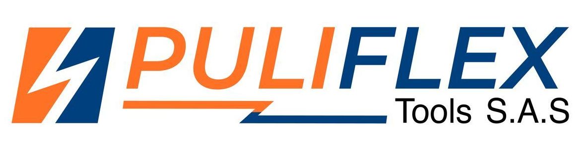 Logotipo de Puliflex Tools SAS con el símbolo de un rayo y el nombre de la empresa en naranja y azul.