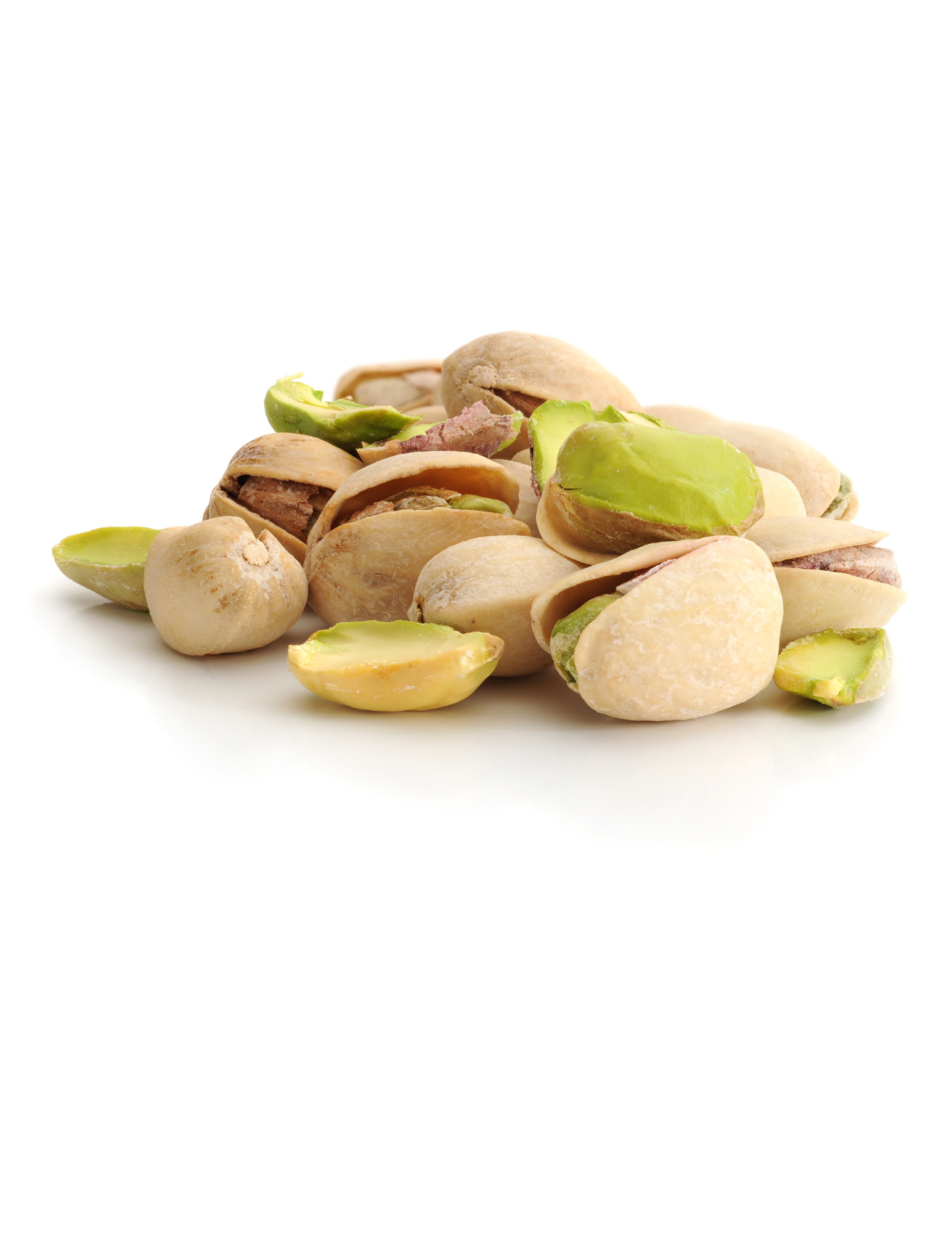 A pile of pistachios on a white background.