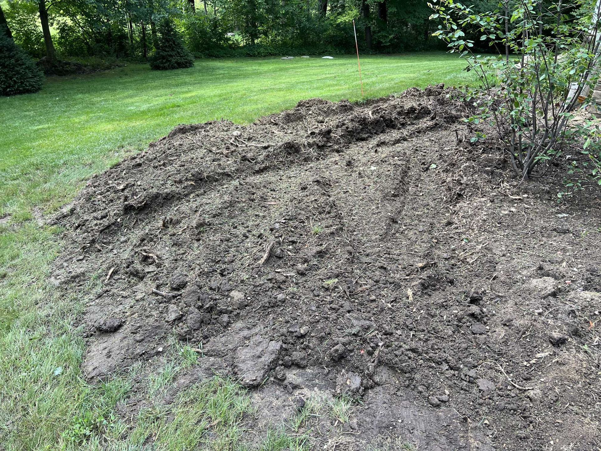 There is a large pile of dirt in the middle of a lush green field.
