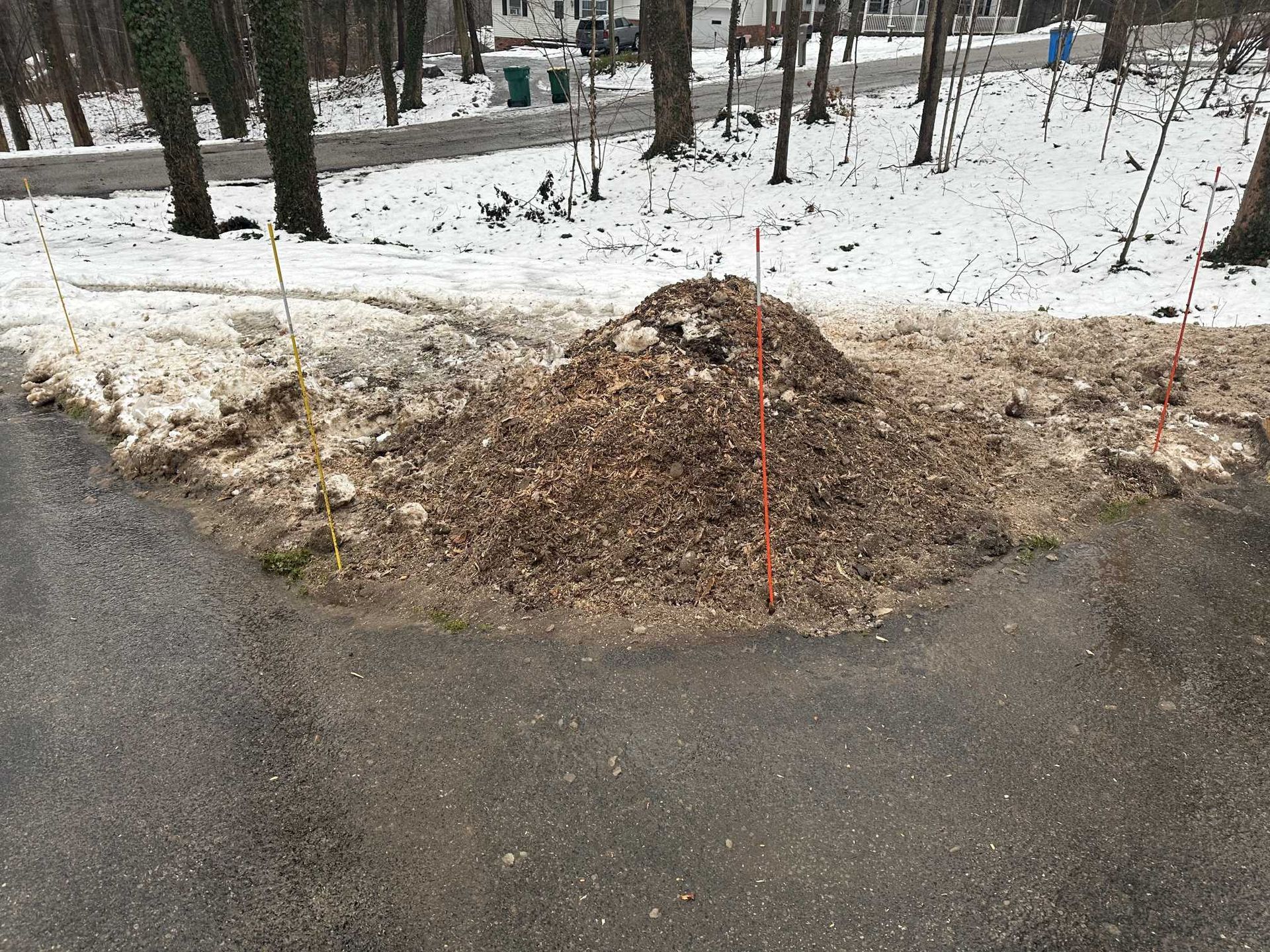 A pile of leaves is sitting on the side of a road.