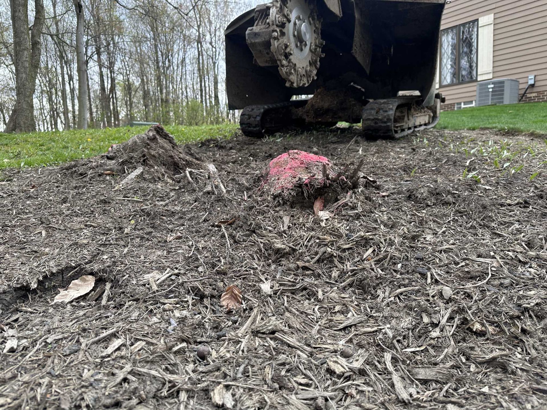 A stump is sitting in the dirt next to a lawn mower.
