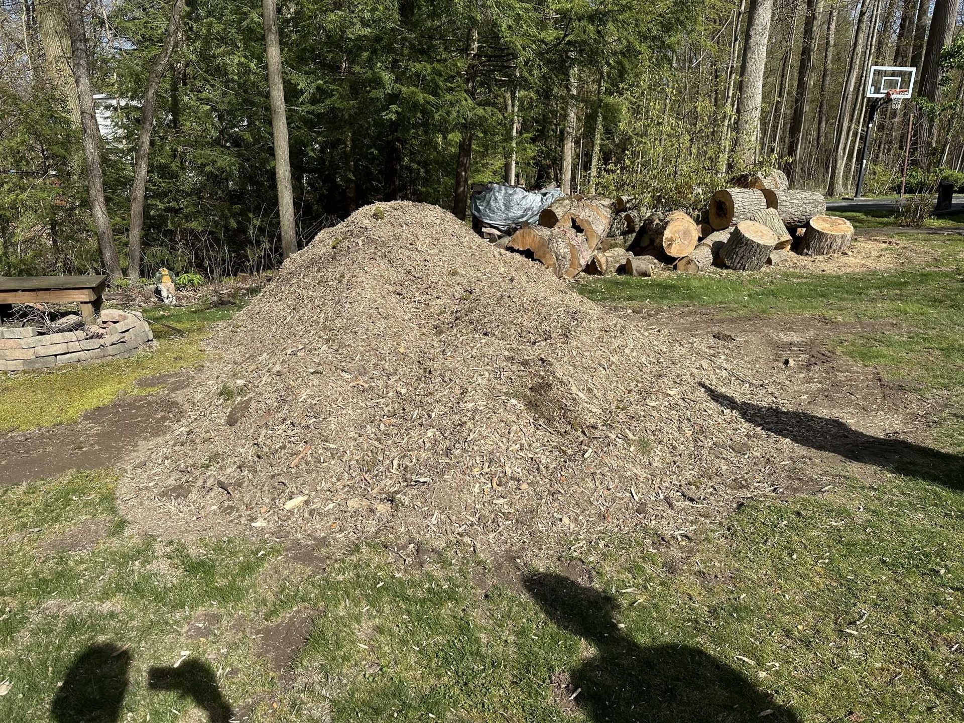 A pile of wood chips is sitting on top of a lush green field.