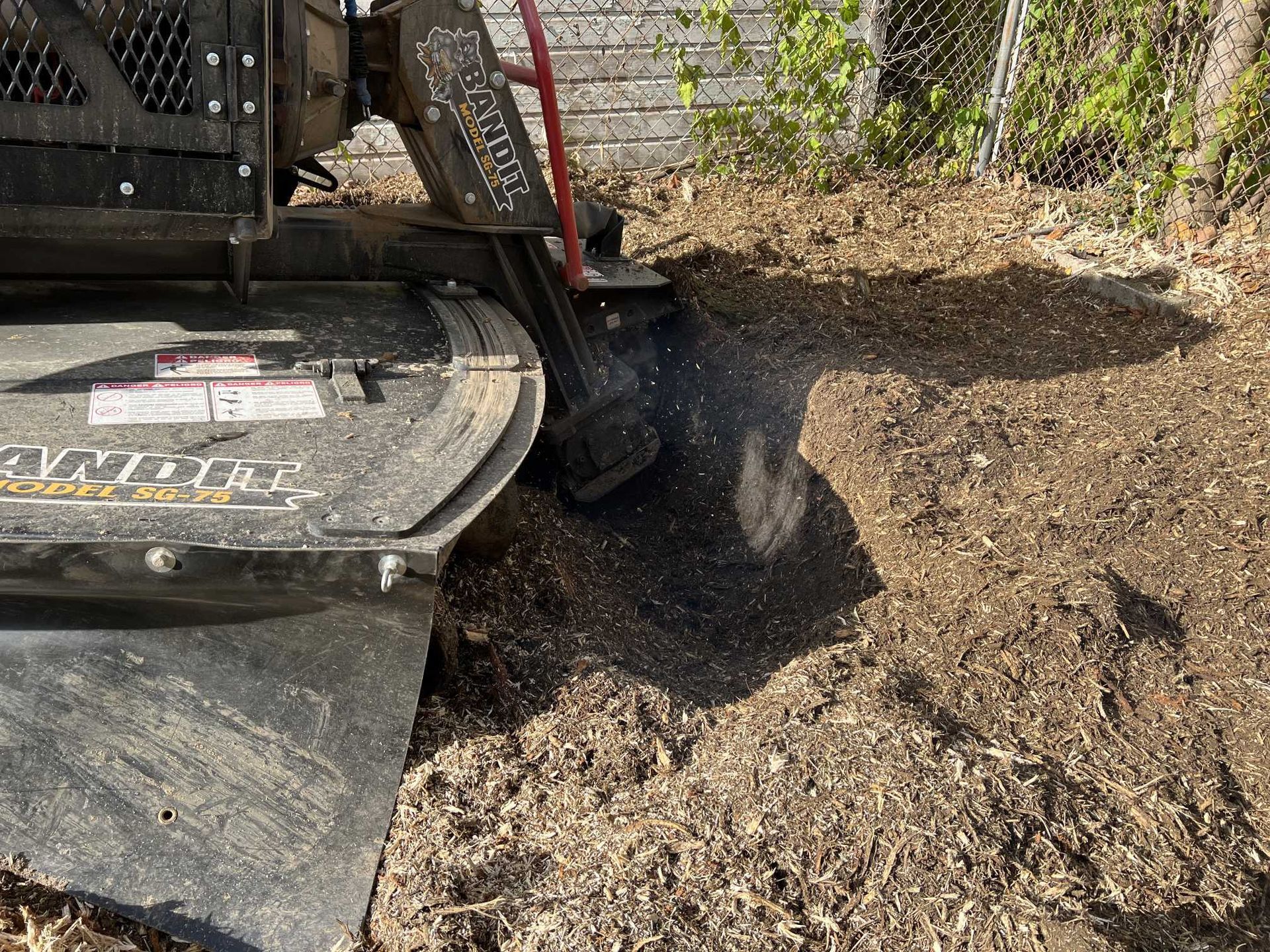 A stump grinder is being used to remove a tree stump.