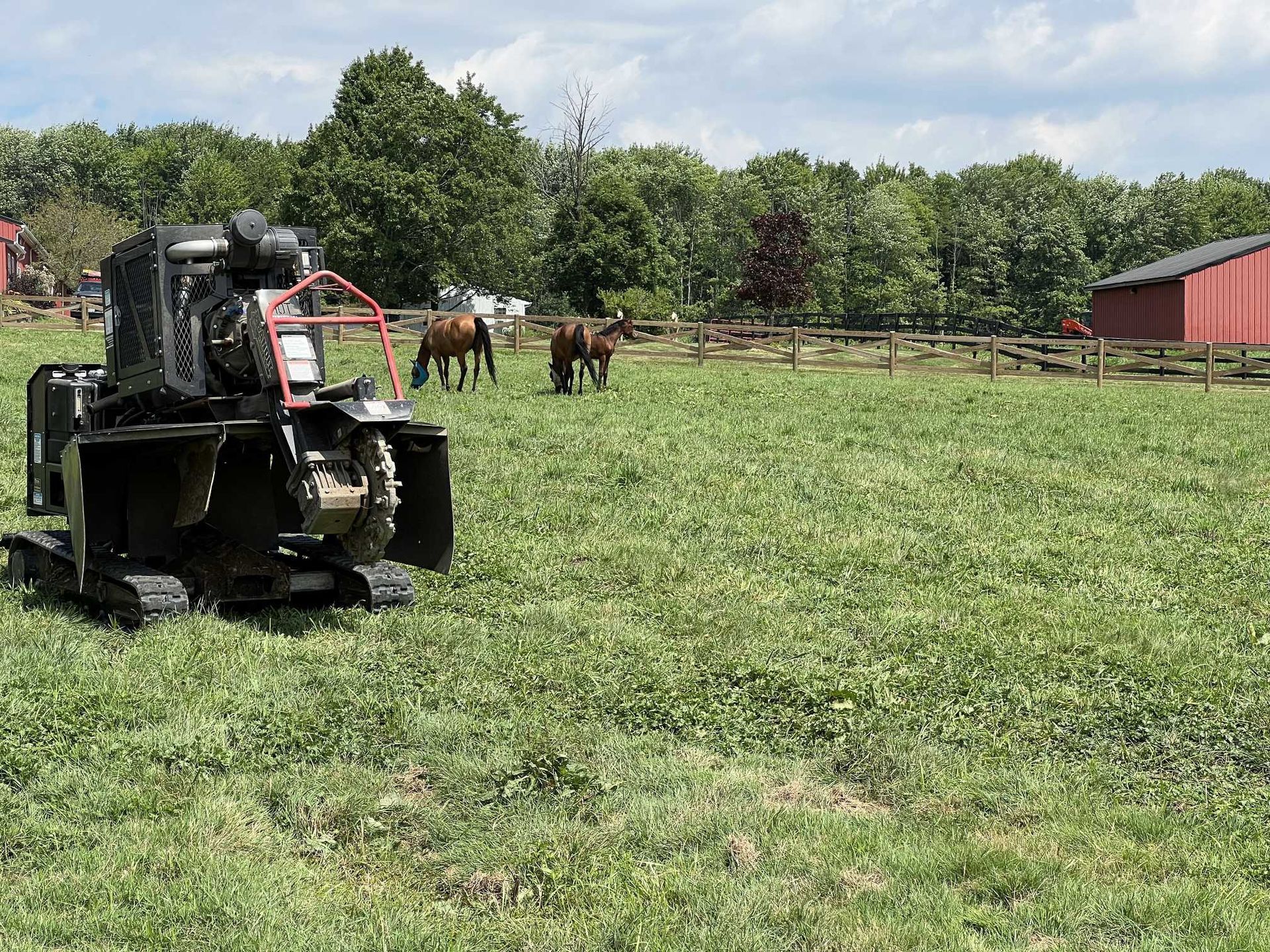 A tractor is cutting grass in a field with horses in the background.