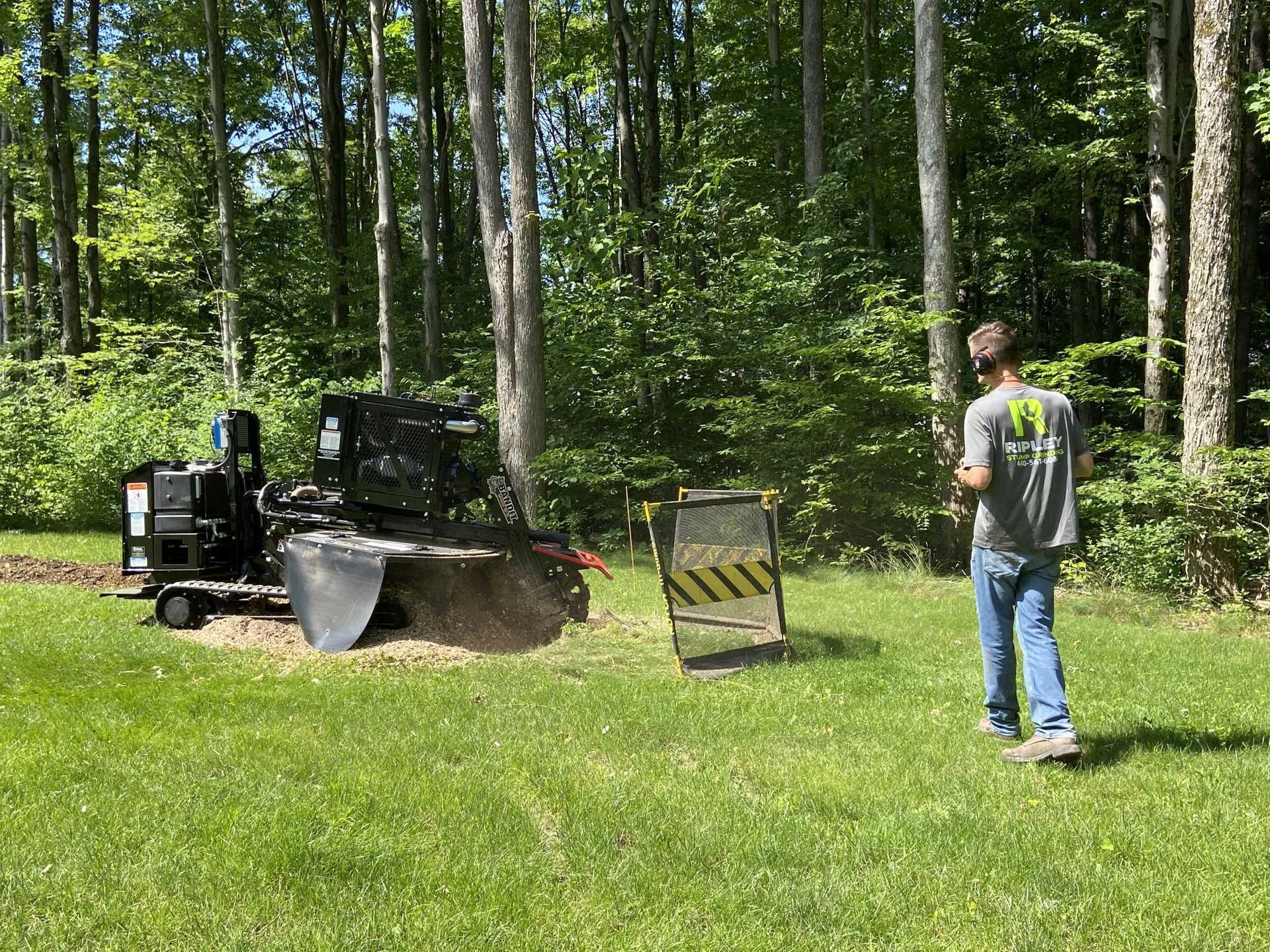 A man is standing in front of a tree stump grinder.