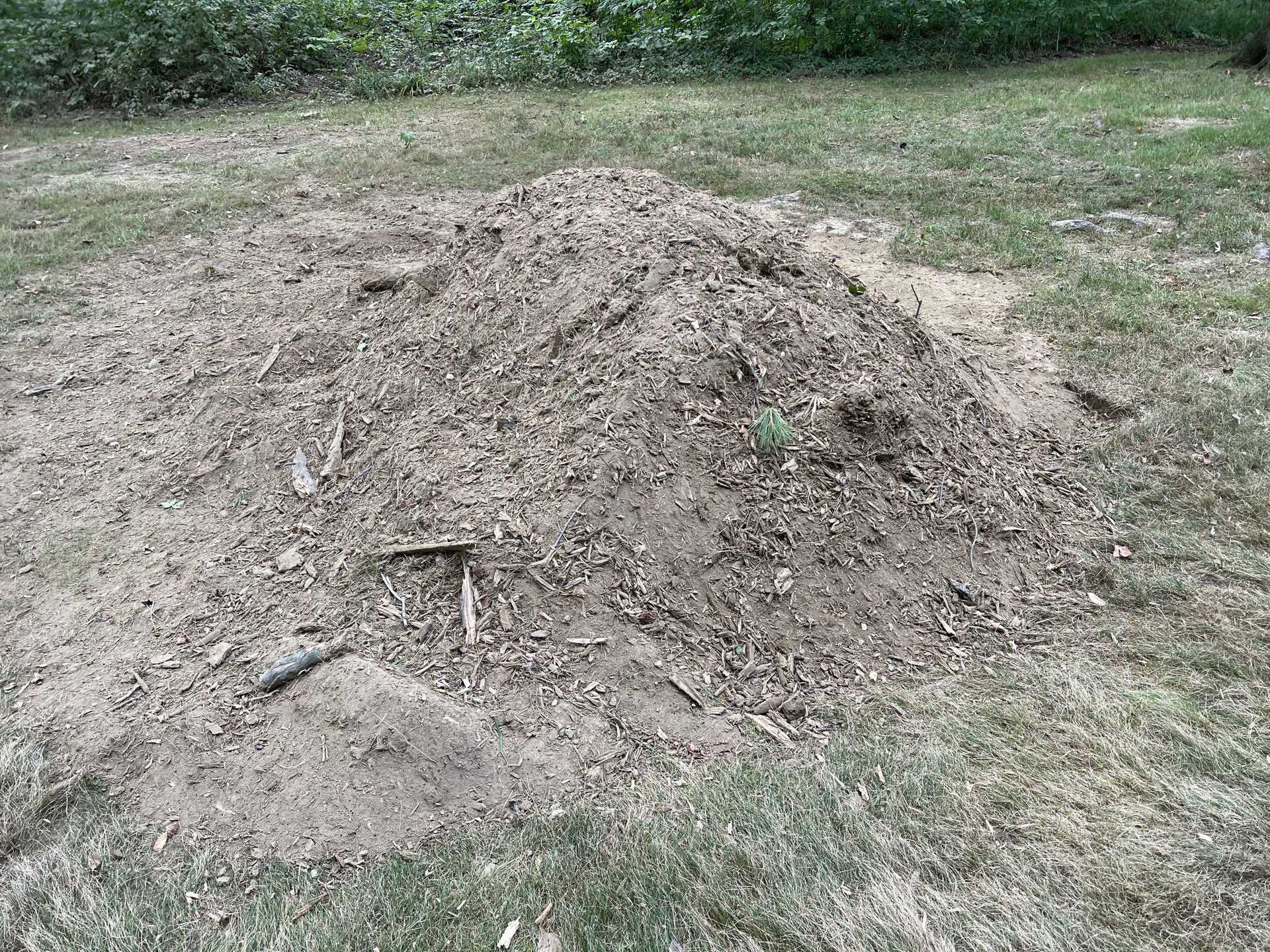 A pile of dirt is sitting on top of a lush green field.