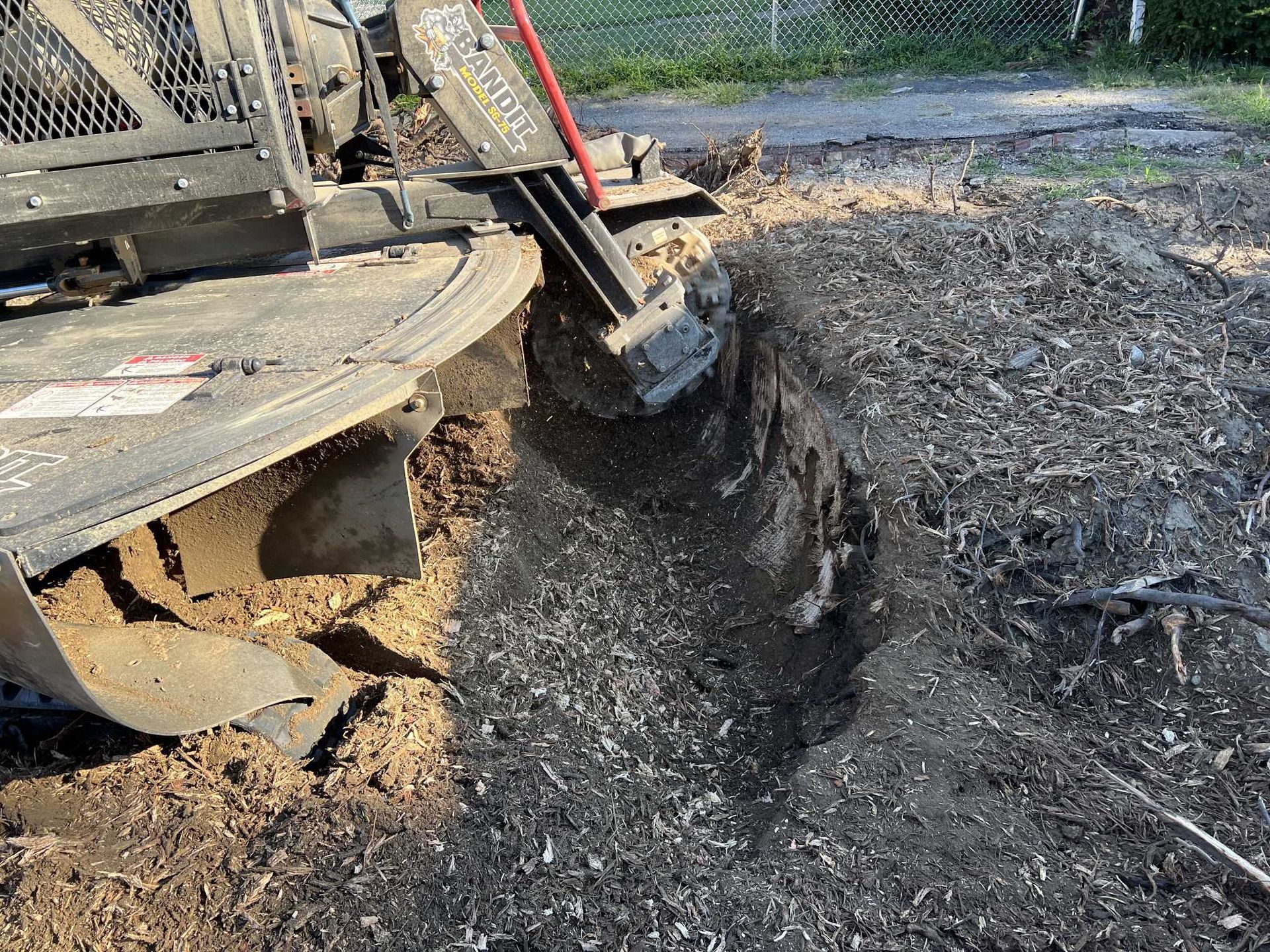 A stump grinder is cutting a tree stump in the ground.