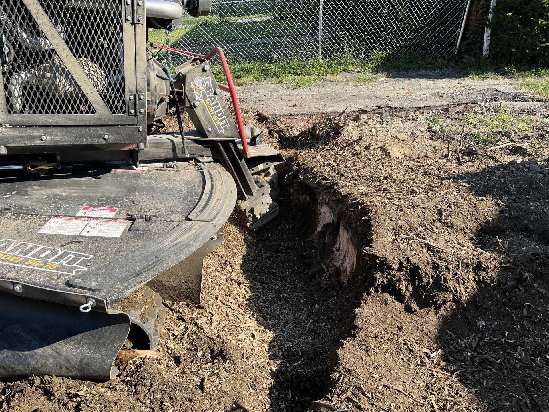 A stump grinder is cutting a tree stump in the dirt.
