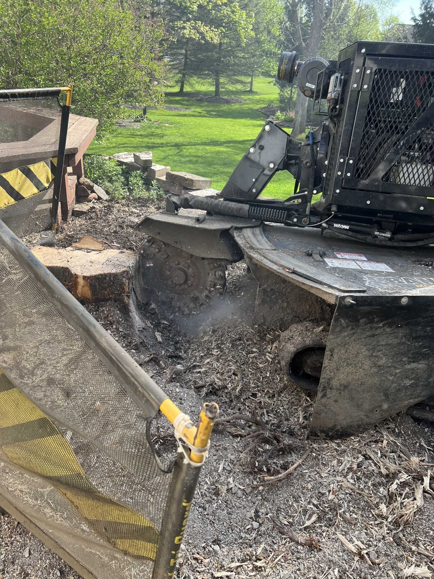 A stump grinder is cutting a tree stump in a yard.