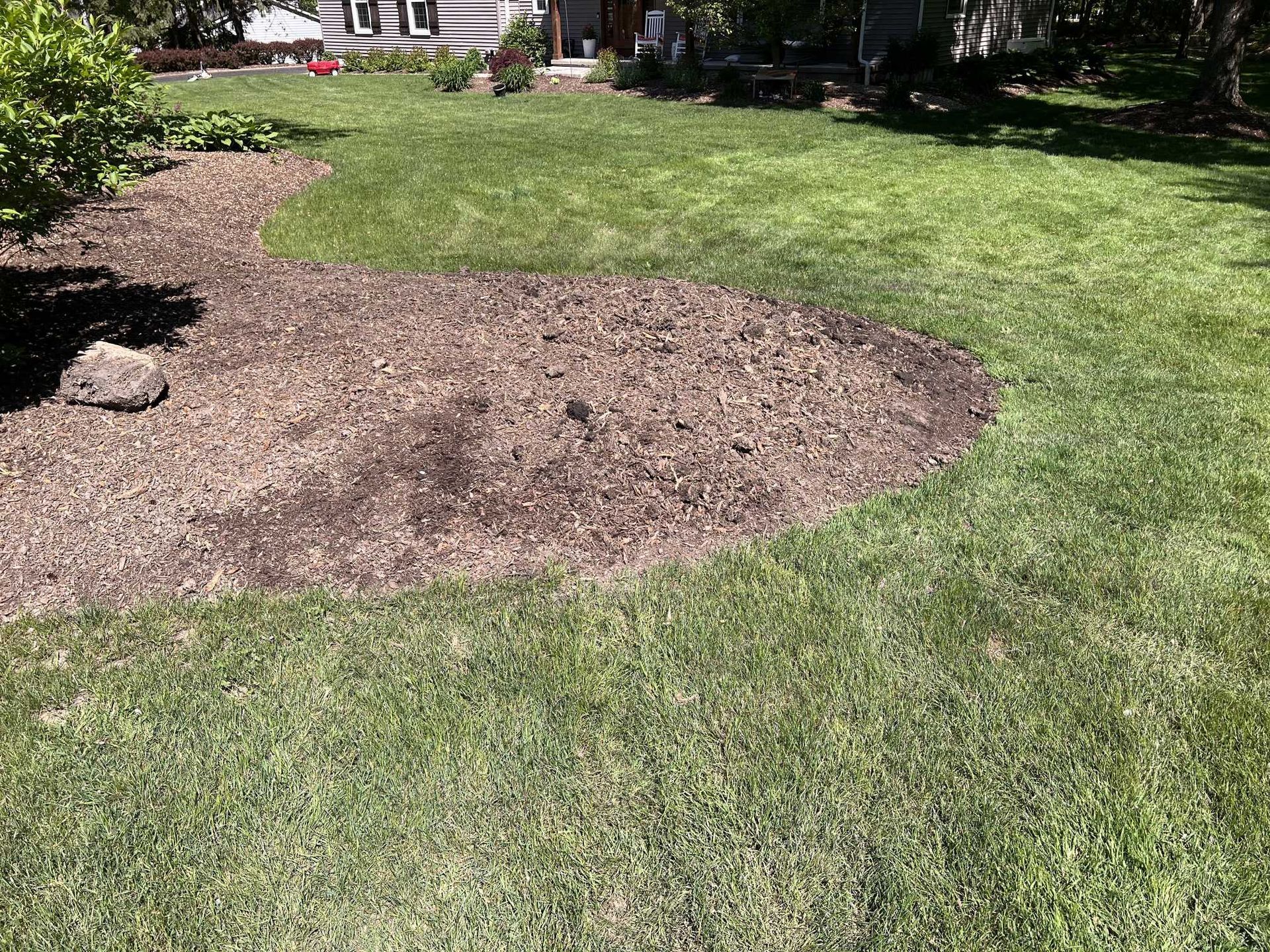 A lush green lawn with a pile of mulch in the middle of it.
