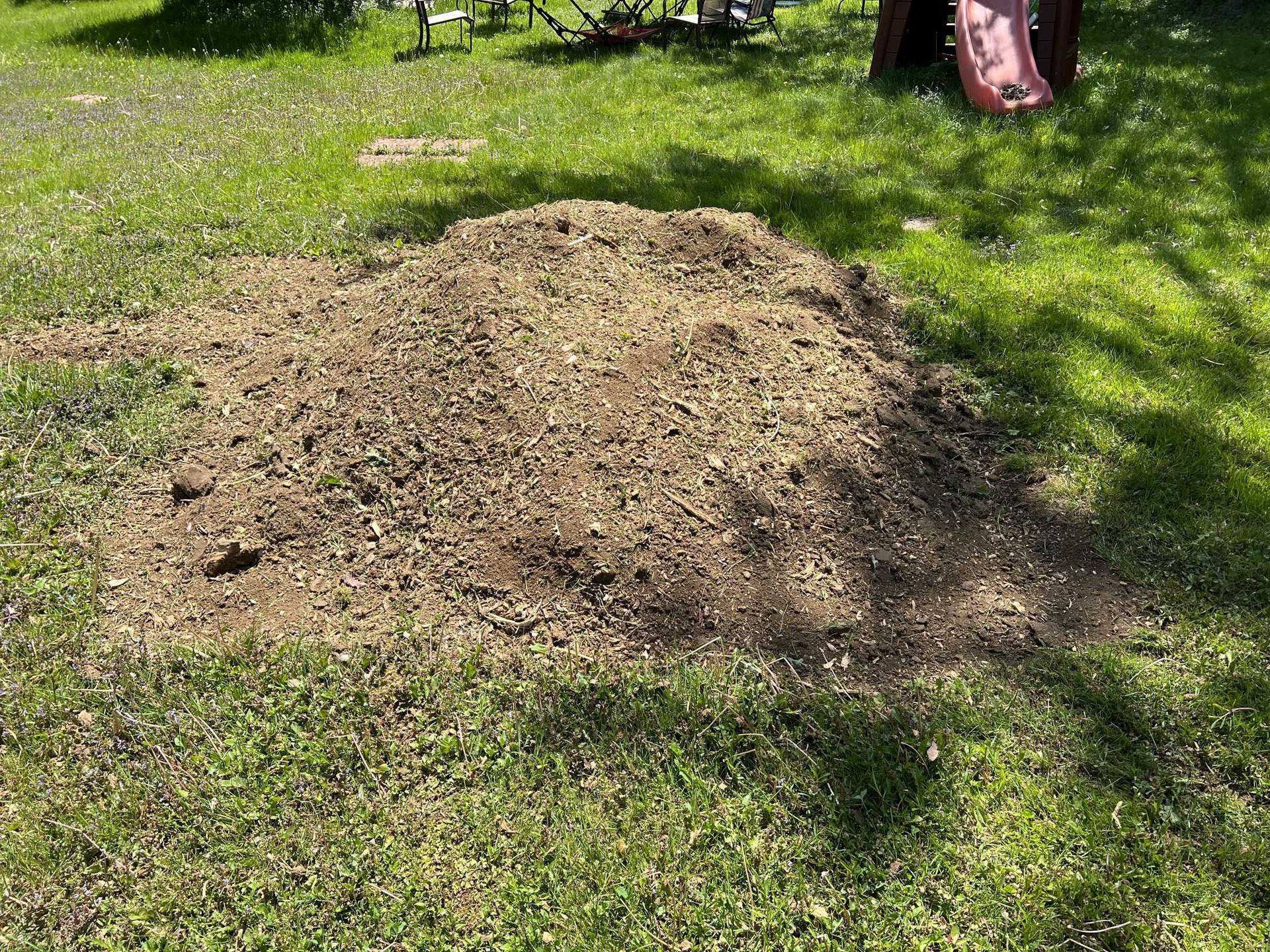 A pile of dirt is sitting on top of a lush green lawn next to a slide.