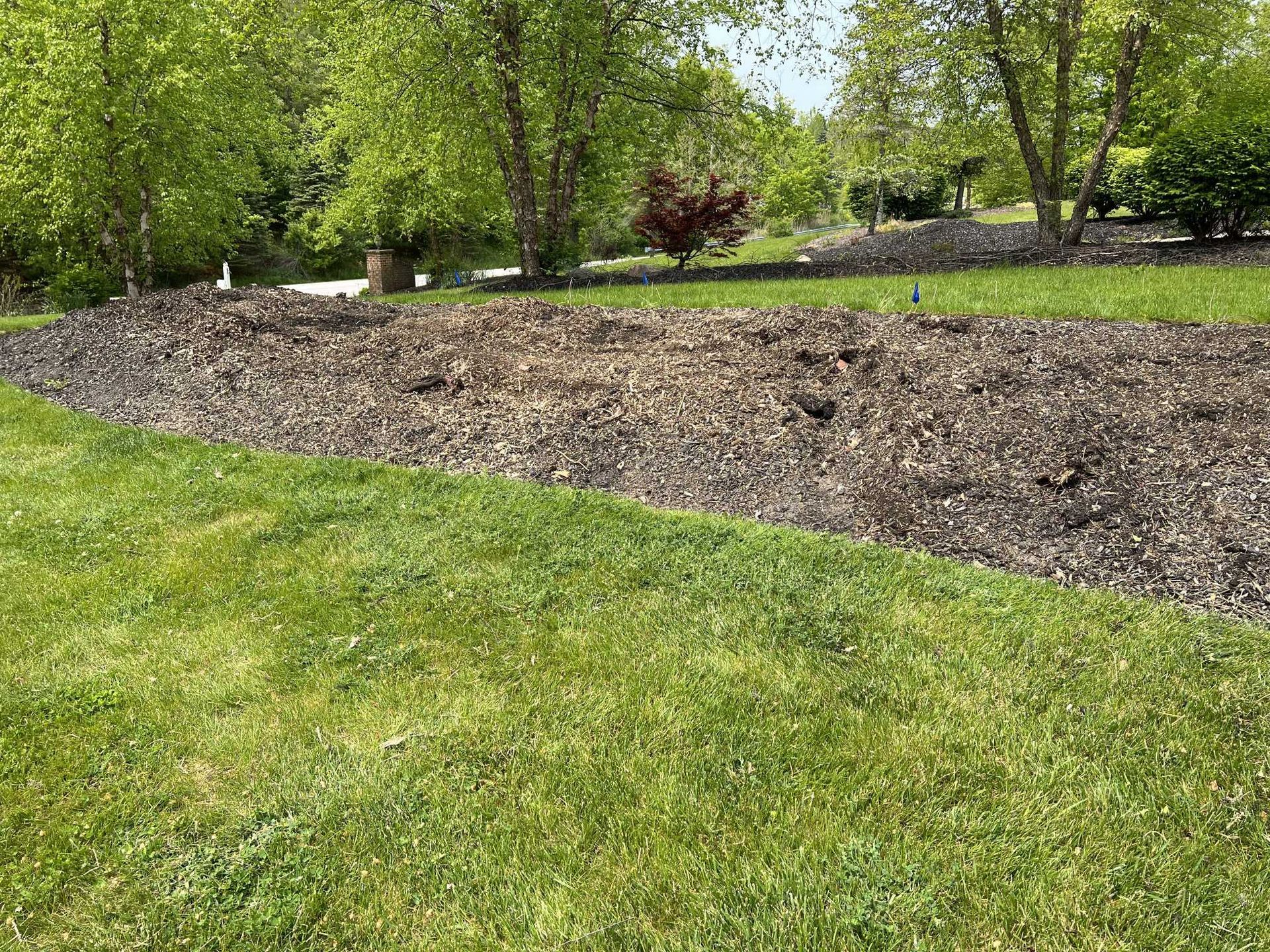 A large pile of mulch is sitting on top of a lush green lawn.