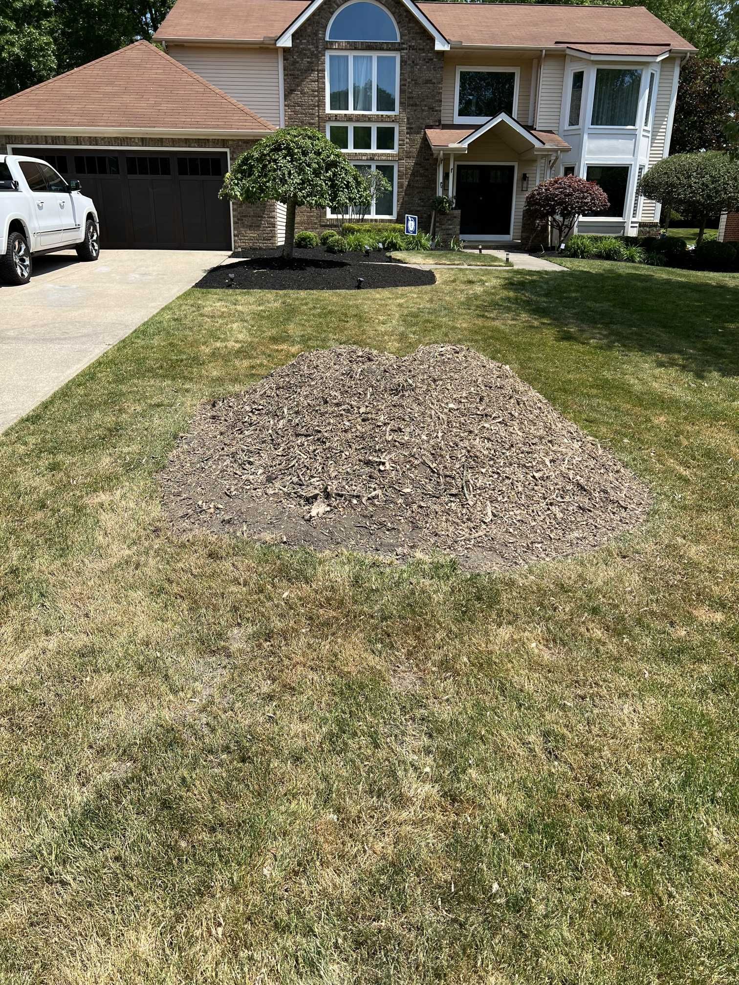 A pile of mulch is in the middle of a lush green lawn in front of a house.