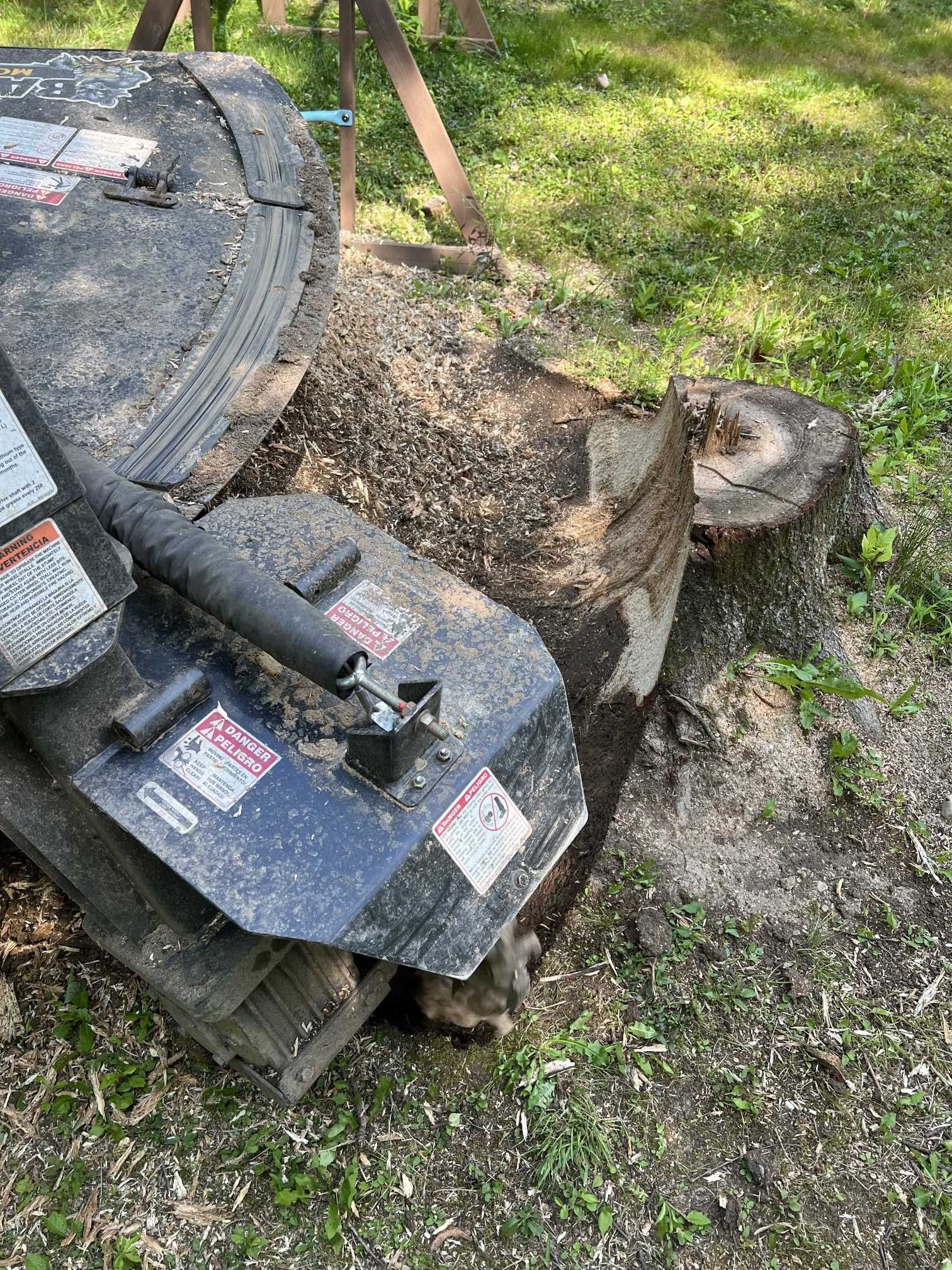 A lawn mower is sitting next to a tree stump in the grass.