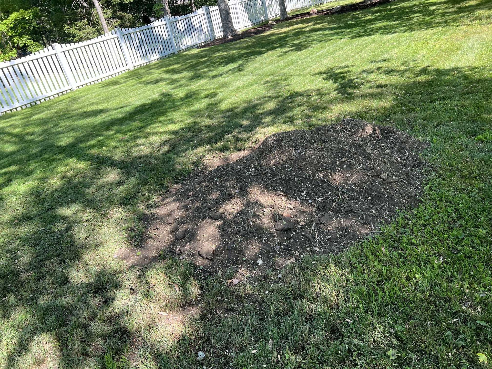 A pile of mulch is sitting in the middle of a lush green lawn.
