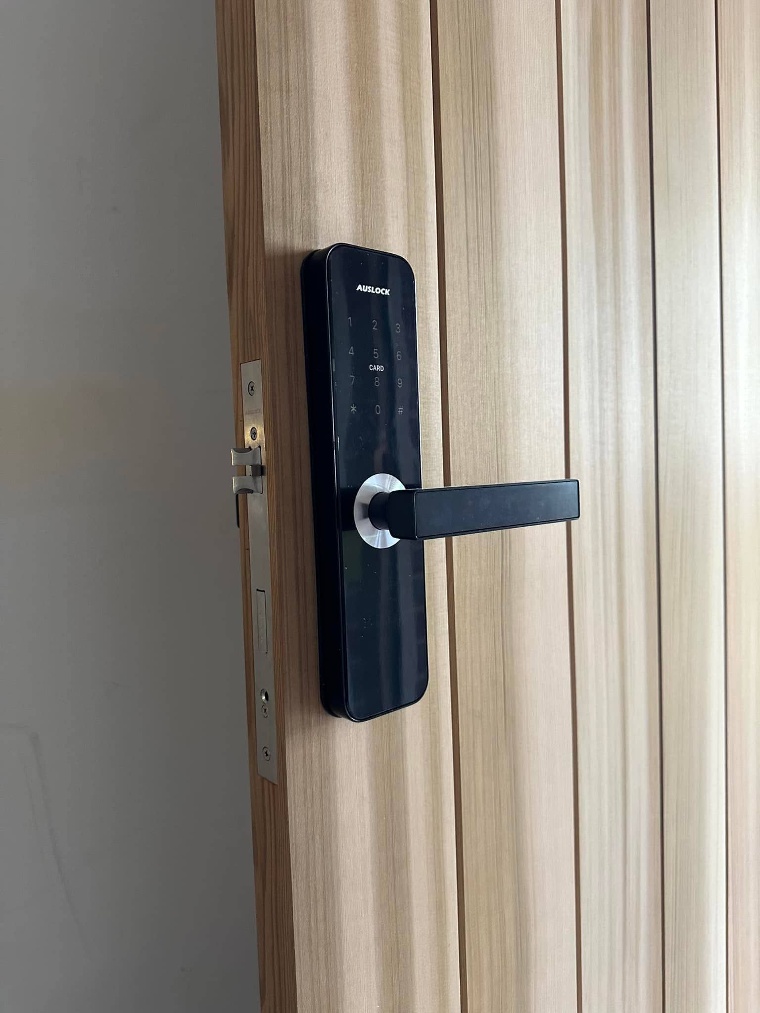 Black Door Handle on a Light-coloured Wooden Door — Great Ocean Locksmiths in Aireys Inlet, VIC