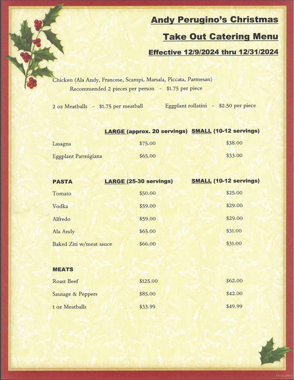 A menu for andy perugino 's christmas take out catering menu