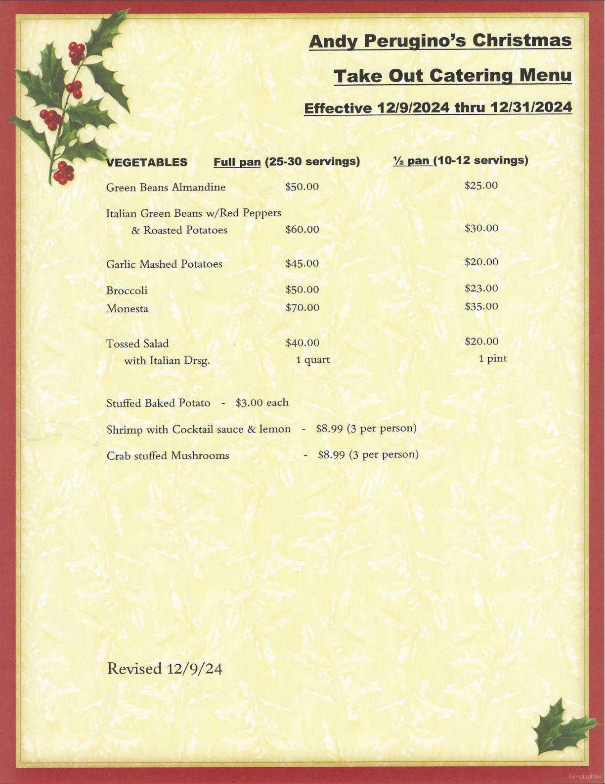 A christmas take out catering menu for andy perrugino 's christmas