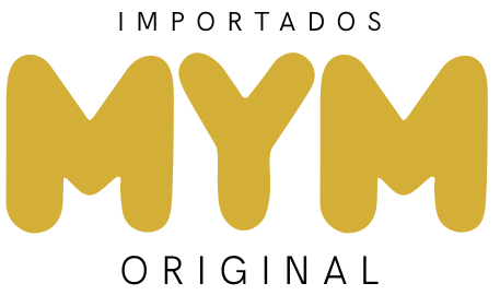 El logotipo de mym original es amarillo y negro sobre un fondo blanco.