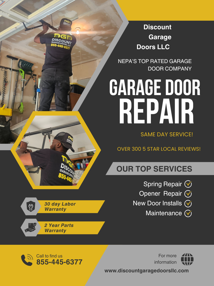 flyer advertising garage door repair technician working in pittston on garage springs and garage door opener. flyer says same day service and over 350 5 star reviews