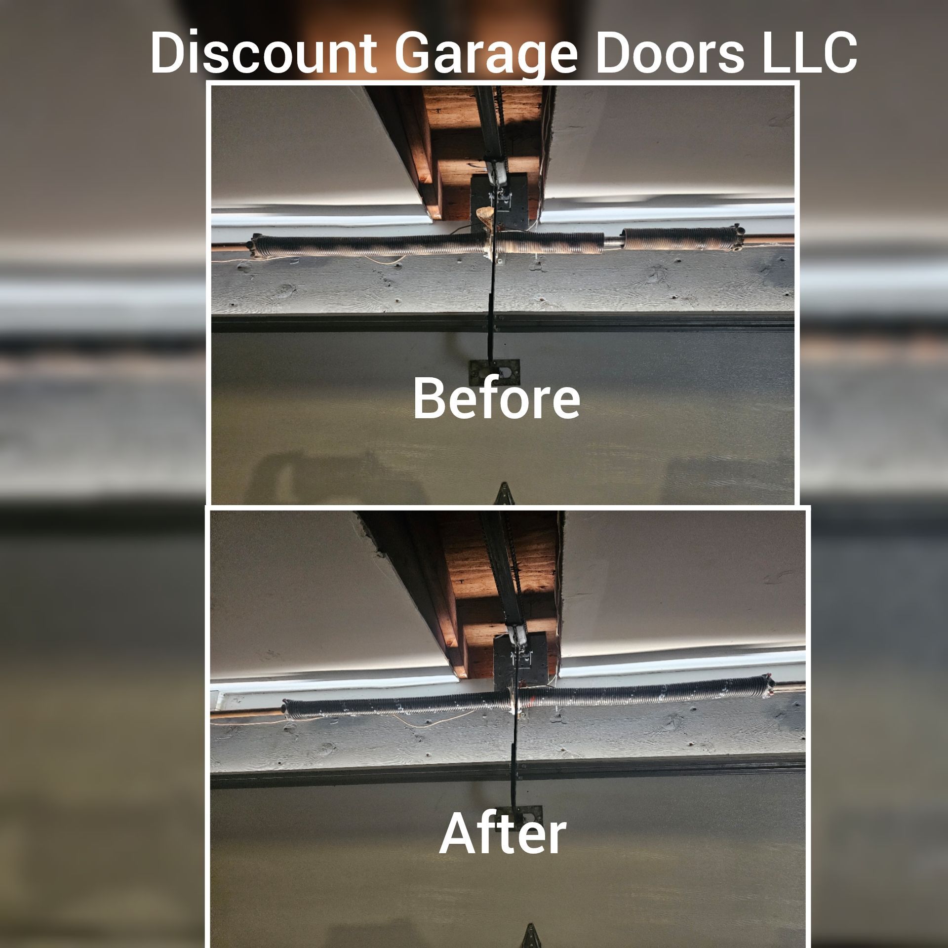 A before and after picture of a garage door from discount garage doors llc