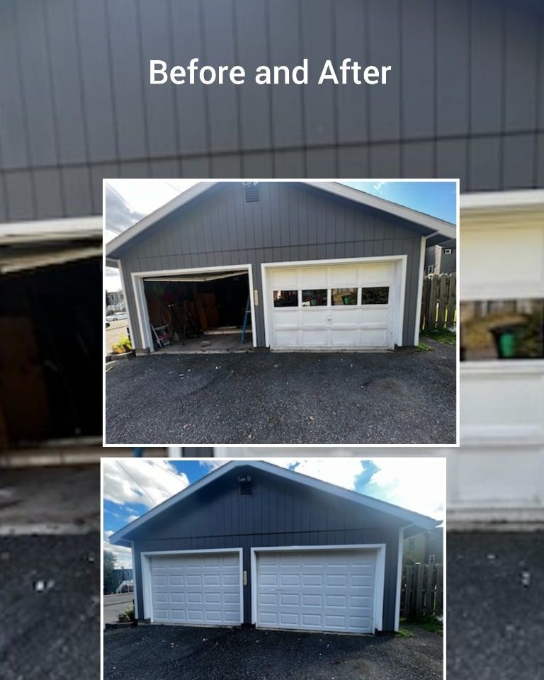 A picture of a garage before and after being painted white