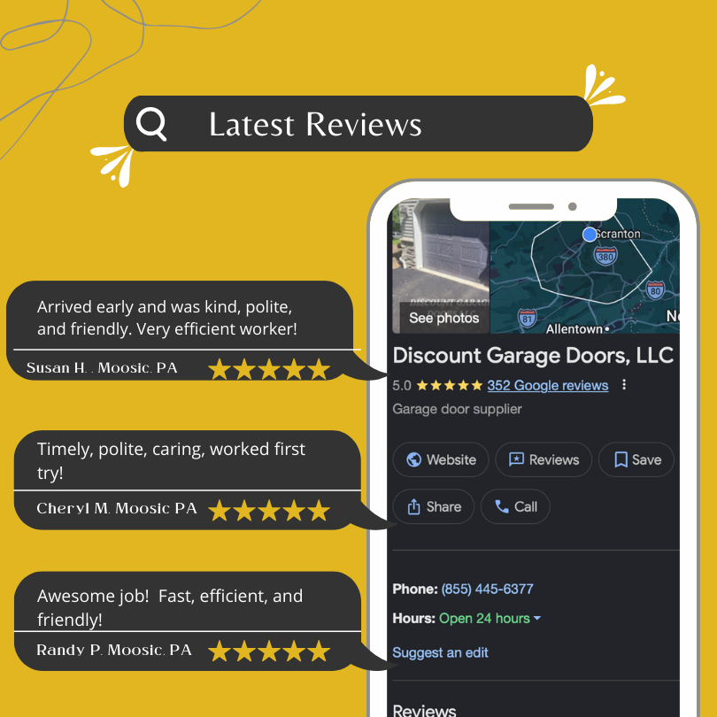 3 5 star reviews on google from three different moosic pa customers boasting about garage door spring repair service