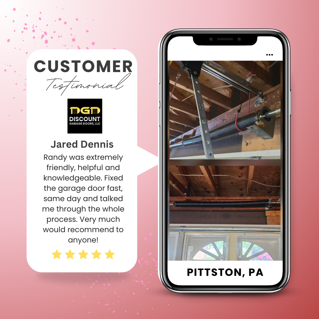 image of before and after of a garage door spring repair in pittston pa with a real 5 star google review from pittston customer jared dennis praising the service and saying he highly recommends.