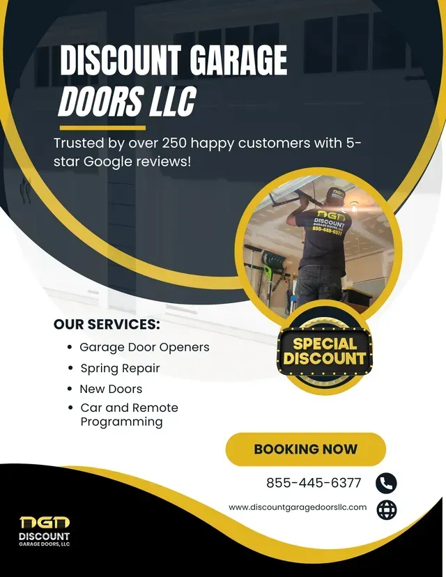 Discount Garage Doors LLC service flyer featuring a technician working on a garage door in Exeter pa