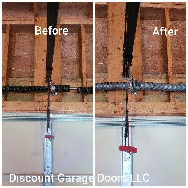 before and after of broken torsion spring repaired in moosic pa