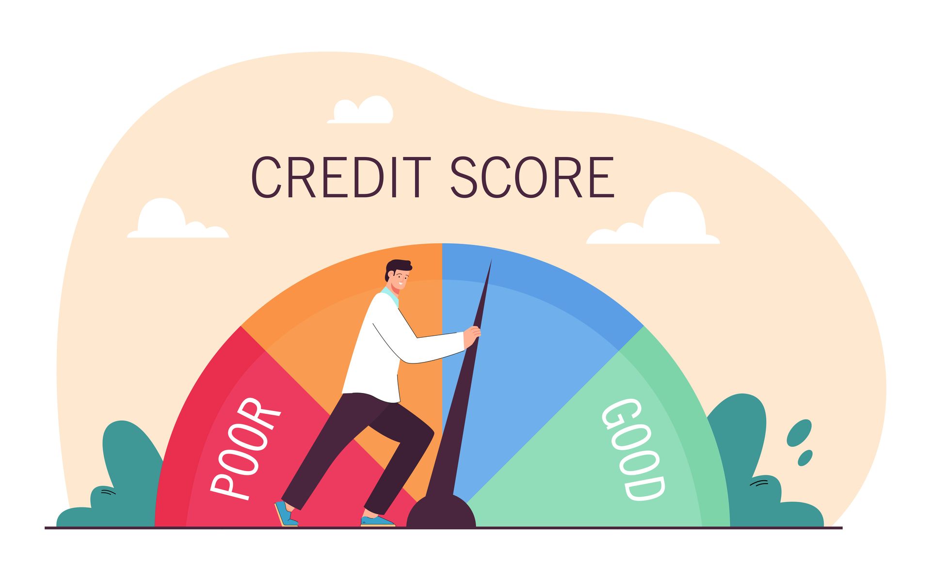 businessman pushing credit score speedometer from poor to good does debt settlement hurt your credit manare debt relief