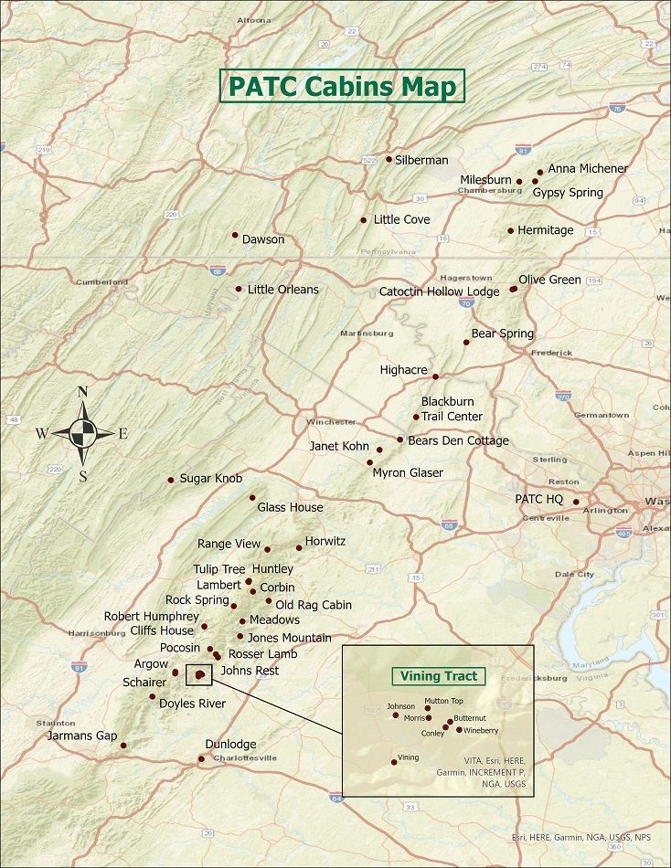 A PATC map showing different locations of cabins in Virginia.