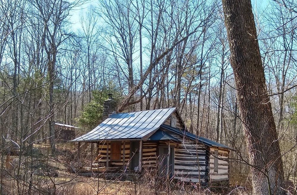 A wooden PATC cabin, is situated in the middle of the woods.