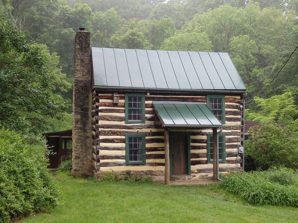 A view of the Lambert cabin, surrounded by vegetation and greenery.