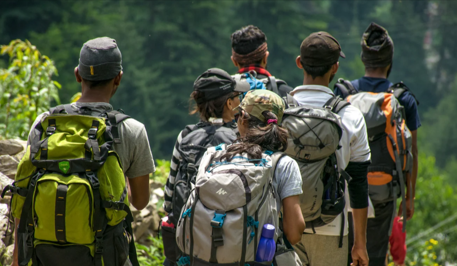 A group of people with backpacks are walking through a forest.