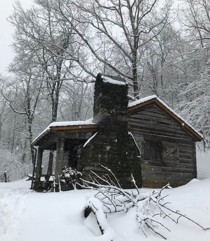 The Pocosin cabin during the snow season, in winter.