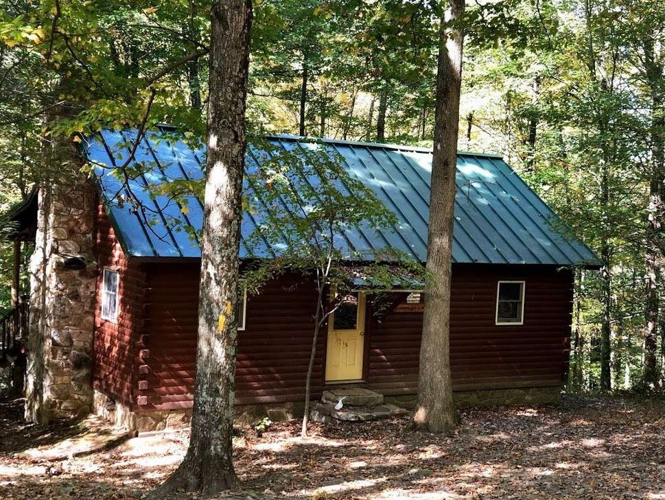The side view of the Silberman Trail cabin, surrounded by trees in the forest.
