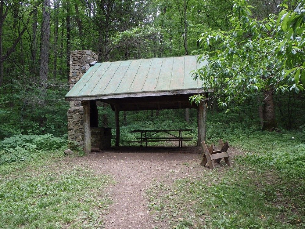 The cook-shed at Tulip Tree Cabin shows a fire pit, a wooden picnic table, and a wooden counter to cook on.